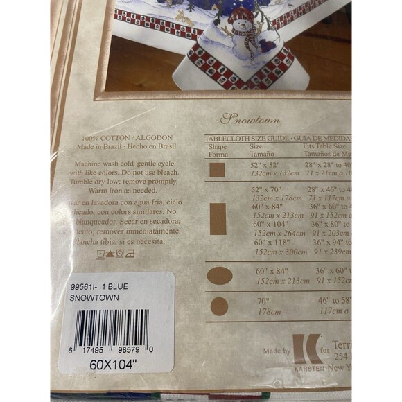 Tablecloth Blue Snowtown Snowman Village Cotton Vtg Karsten TerriSol 60 X 104 - Picture 3 of 5